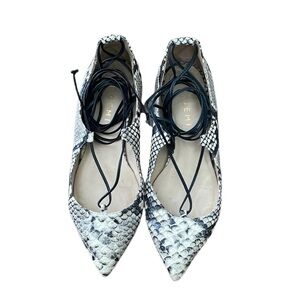 M. GEMI Brenda Lace Up Snake Print Leather Pointed Toe Flats